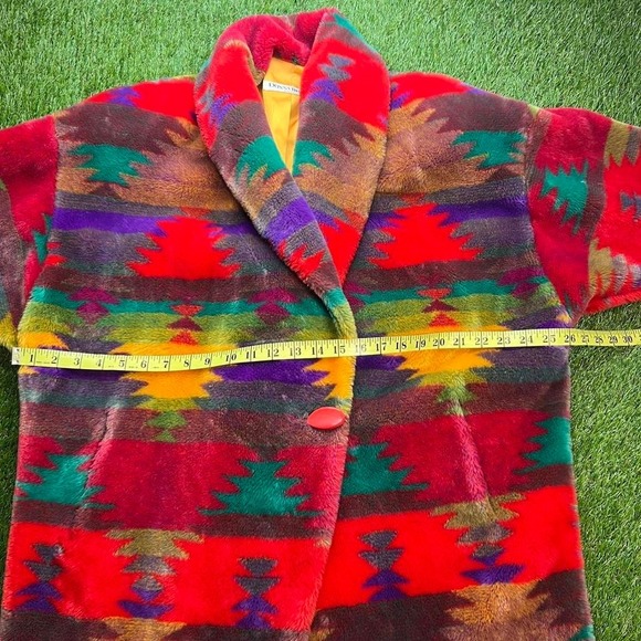 1980s Donnybrook Coat, Southwest Print Coat, Faux Fur Coat Vintage Ice Teddy XL - Picture 3 of 5